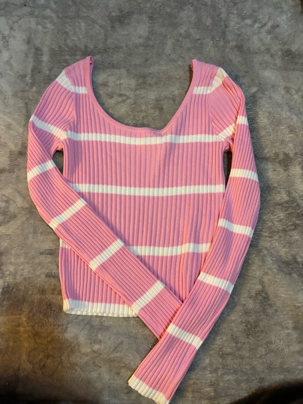 Timing Pink and White Ribbed Scoop Neck Long Sleeve Sweater